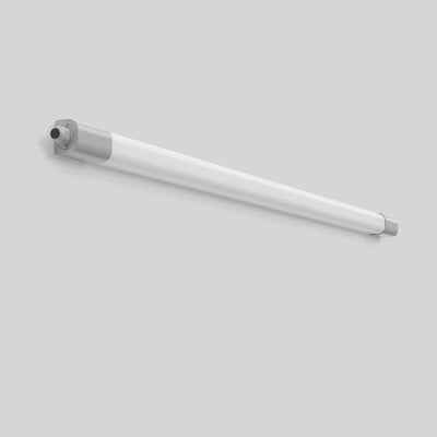 Enkel RZB Planox Eco lampe med 31/46W, 830 farvetemperatur og 1699 mm længde, præsenteret isoleret på grå baggrund.