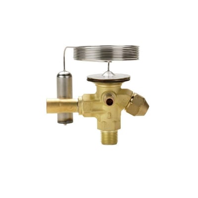 Danfoss TEN2 termostatisk ekspansionsventil til R134a set fra siden med messinghus og oprullet kapillarrør.