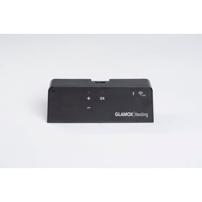 Glamox Termostat WT3 WiFi i sort med betjeningsknapper og WiFi-symbol, kompatibel med 230/400V til H40/H60.