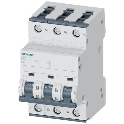 Siemens automatsikring, 6kA, 3-polet C-kurve, 5A, model 5SY6311-7 MCB, med tydeligt synlige 'O-OFF' håndtag og 400V mærkning.