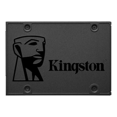 Kingston A400 SSD på 2,5 tommer med 480 GB og SATA 6 Gb/s, set forfra med sort kabinet og logo.