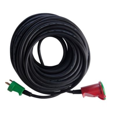 25 meter H07RN-F 3G1,5 gummikabel forlængerledning med grøn stikprop og rød IP44 hunstik på hvid baggrund.
