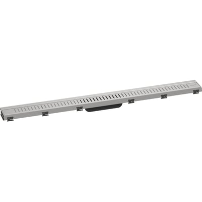 Hansgrohe kappesæt i børstet rustfrit stål, 955 mm langt, med vandret udløb og monteringsclips.