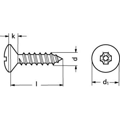 Teknisk tegning af 3,5x13 mm A4 pladeskrue med linsehoved, Pozidriv kærv og dimensioner markeret.
