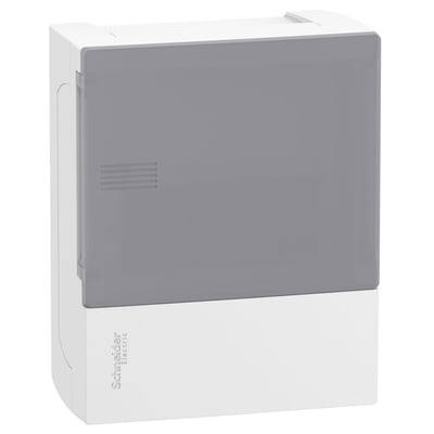 Schneider Electric MiniPragma gruppetavle med klar, grå dækning, 1 række med 6 moduler.