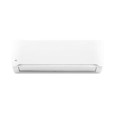 Indedel varmepumpe AE70, en hvid model vist frontalt på en neutral baggrund med AE logo i øverste venstre hjørne.