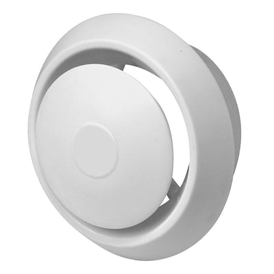 Hvid indblæsningsventil i plast fra AN3-serien, med et rundt ydre og en midterplade for luftfordeling.