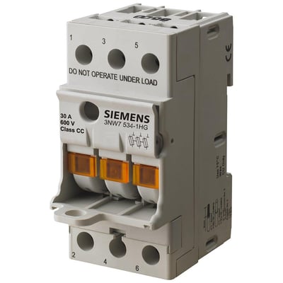 Siemens Sentron CC sikringsholder, 3-polet, 30A og 600V, grå med orange sikringsholdere og tydelige mærkningsnumre.
