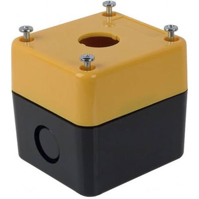 Omron kontrolbokskabinet A22Z-B101Y i gul og sort, designet til nødstop med et enkelt hul på toppen.