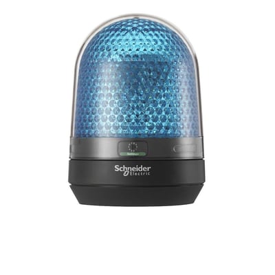 Detaljeret billede af Schneider Electric XVR3 signallampe i blå, viser LED-mønster og Schneider Electric logo på sort base.