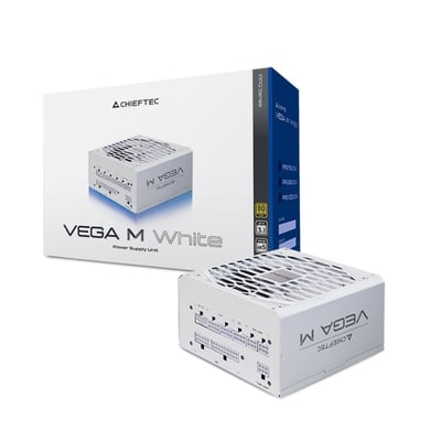 Hvid Chieftec Vega M White ATX 3.1-strømforsyning på 750 W med 80+ Gold vises foran sin emballage.