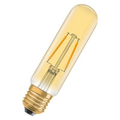 Osram Ledvance 1906 tubular LED-pære med ravfarvet glas, gylden E27 fatning og synlig filament.