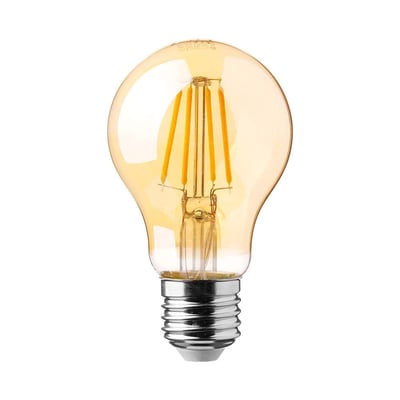 V-TAC A60 LED pære med E27 fatning, 12W og amber kultråd glas, vist på hvid baggrund.