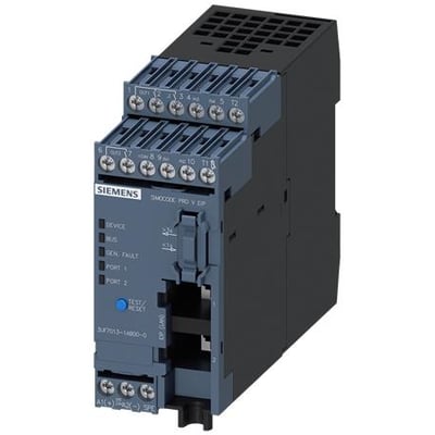 Siemens grundlæggende enhed SIMOCODE pro V 3UF7013-1AB00-0 set skråt forfra med tilslutningsklemmer.