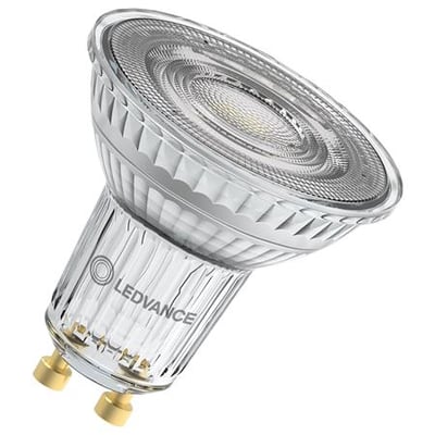 Enkel Osram LEDVANCE LED PAR16 lyskilde med klar glasoverflade og synlig LEDVANCE logo.