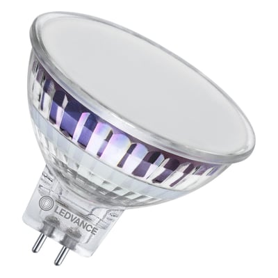 Nærbillede af en Ledvance LED MR16 3,3W 827 lyskilde med GU5.3 sokkel i klar glas.