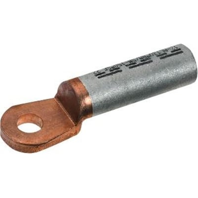 Detaljeret billede af Elpress Al/Cu kabelskoen, der viser kobber- og aluminiumskonstruktion samt præcise markeringer for presning.