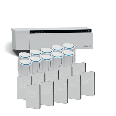 Pettinaroli Alpha Premium trådløst styresystem til 10 zoner med hvid styreboks, 10 hvide rumtermostater med digitale displays og 10 hvide telestater med blå detaljer.