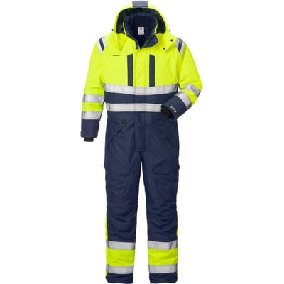 HI Vis AIRTECH® vinterkedeldragt fra Fristads i gul og marineblå, vist forfra med reflekser, hætte og lommer.