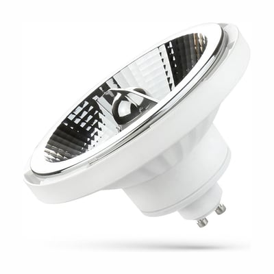 SpectrumLED AR111 LED-spot på 12 W med hvidt hus og sølvfarvet reflektor, set skråt med GU10-fatningen synlig.