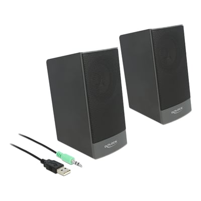 Sorte DeLock PC-højttalere i stereo 2.0 med USB-stik og grønne 3,5 mm stereojackstik.
