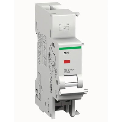 Schneider Electric underspændingsspole M9 MN til 48VAC/48VDC, med tydelig mærkning og tilslutningsdetaljer vist på hvid baggrund.