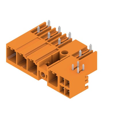 Weidmüller hybridkonnektor til printmontering med fire poler og 7,62 mm afstand, vist skråt med orange hus og metalben.