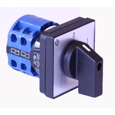 Kraus & Naimer afbryder, 3 polet, 20A, frontmontering med 48x48mm skilt, viser 0-1 position.