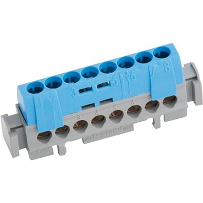 Legrand terminal blok i blå og grå med 8 tilslutninger til 1,5-16mm2 ledninger, vist forfra med numre.