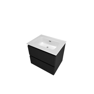 Sanibell Proline møbelsæt i matsort, 61x46 cm, med hvid porcelænsvask og to grebsfrie softclose skuffer med lodrette lameller.