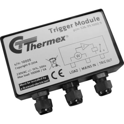 Thermex Trigger Module til emhætter, viser mærkaten med tekniske specifikationer og diagram.