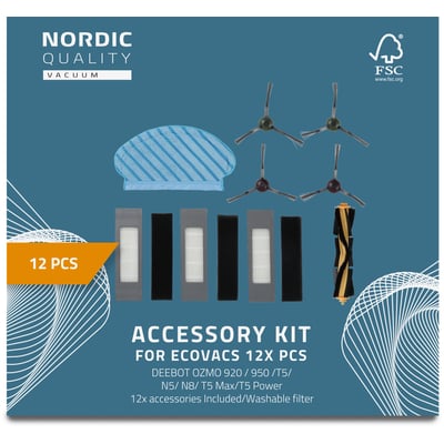 Nordic Quality tilbehørssæt til Ecovacs robotstøvsugere, indeholdende 12 dele inklusiv børster, filtre og moppeklude, på mørkeblå baggrund.