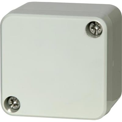 Fibox Euronorm II monteringskasse i lys grå ABS plast, 50x52mm, med synlige rustfri ståldækselskruer.