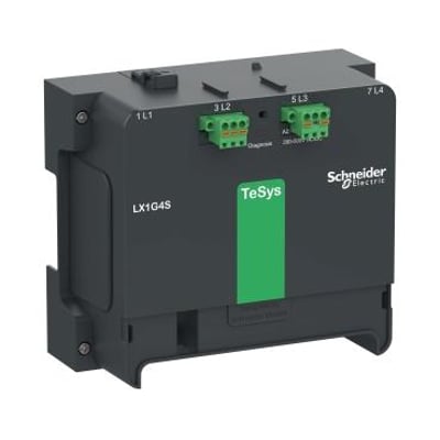 Schneider Electric kontrolmodul LX1G4S til 4-polet TeSys Giga kontaktor, 200-500V AC/DC, med grøn TeSys-logo og tydelige terminaler.
