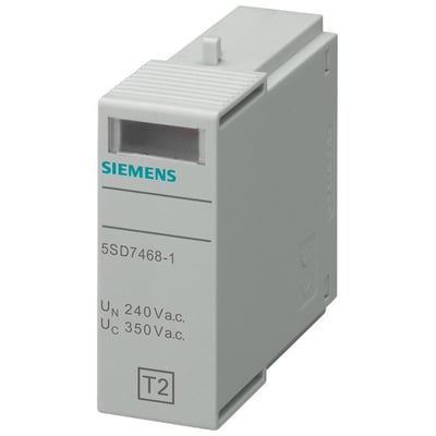 Siemens 5SD7 C/T2/II overspændingsbeskytter på 350V L-N, type 2 modul med T2 mærkning og grå plastikkabinet.