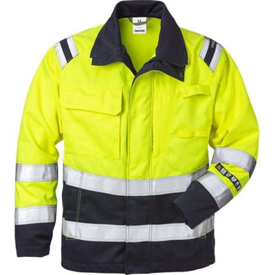 Kansas Fristads Flamestat Hi-Vis jakke i gul/marine, str. S, med reflekser og brystlommer, egnet til ATEX-forhold.