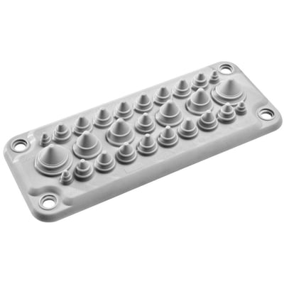 Detaljeret billede af Schneider Electric FL21 flange med mærkninger for kabeldiametre og IP66/IP67 klassificering.