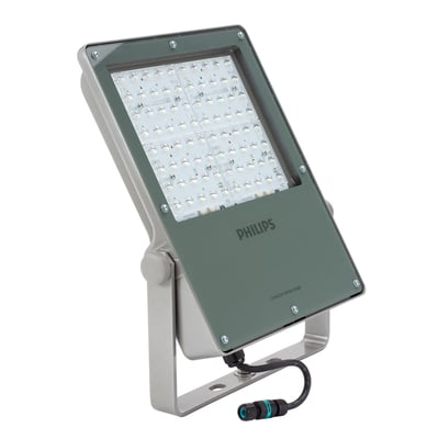 Philips CoreLine Tempo Large BVP130 Gen2-projektør i grå med synlige LED'er, monteringsbøjle og tilslutningskabel.