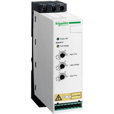 Schneider Electric Altistart U01 softstarter, 22A, 200-480V, med grøn og hvid branding.