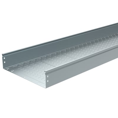 Legrand P31 MFS kabelbakke, 100x400mm, uperforeret og varmgalvaniseret HDG med fordybninger i bunden. Langt perspektiv.