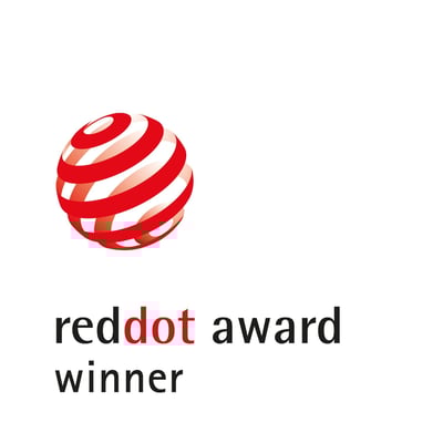 Red Dot Award logo for the AM.PM X-Joy brusearmatur, der indikerer prisvindende design i mat hvid.