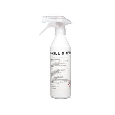 Sprayflaske med Grill & Ovnrens RTU 500 ml, viser produktets etikette med advarselssymboler og produktinformation.