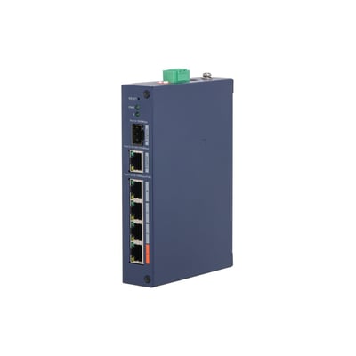 Dahua CHS4106-4ET-60 cloud-administreret PoE-switch med fire PoE-porte, set skråt forfra med grøn tilslutning.
