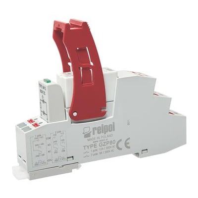 Relpol komplet 2C/O-relæ med 24 V DC, push-in-sokkel og LED-modul, vist med rød låsearm.