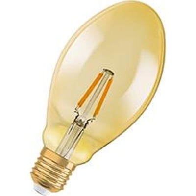 Detaljebillede af Osram LEDvance 1906 pærens E27 sokkel og overgangen til det ravfarvede glas.