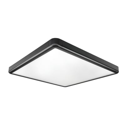 SG Armaturen Sense Surface 600x600 loftlampe i sort med 3000K LED-lys, vist med en hvid diffusor og et tyndt, sort kant.