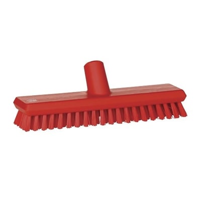 Vikan gulvskrubbe med vandgennemløb, 270mm, i kraftig rød plast med meget stive børster til intensiv rengøring.