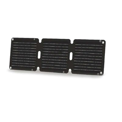 Zmartgear 21W solpanel i sort, foldbart design med tre sektioner, vist fra et let vinklet perspektiv.