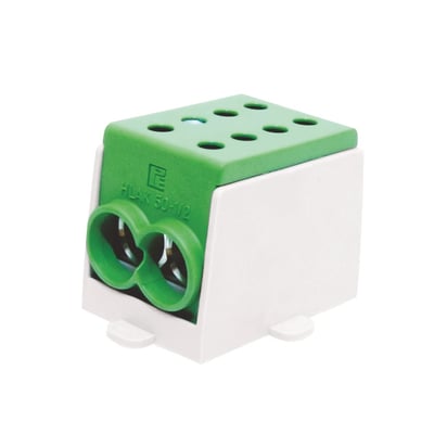 HLAK Klemme 70-1/2 i grøn og hvid, med plads til 2x70mm2 ledere og logo.