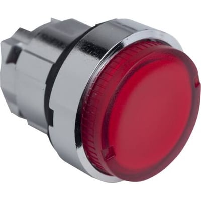 Rødt lampetrykhoved ZB4BW14 fra Schneider Electric med Krom-finish og integreret rød LED for Harmony Style 4 systemet.